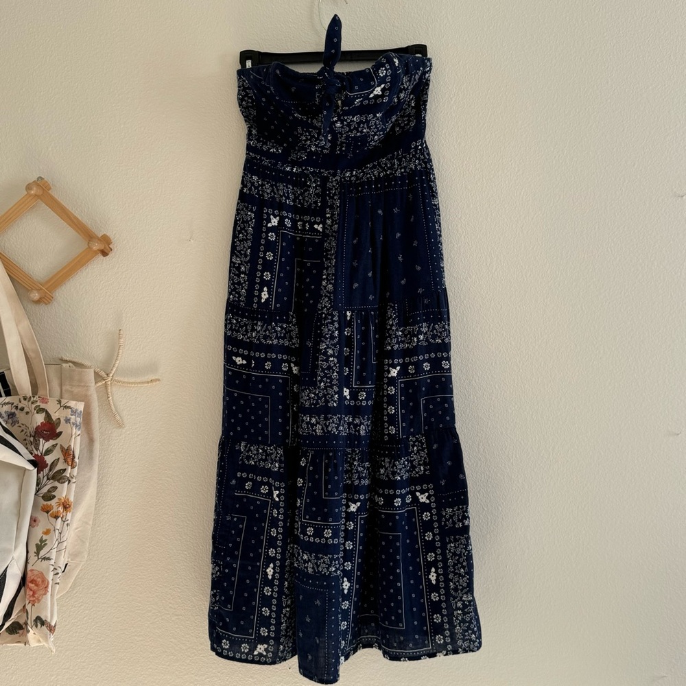 Navy Blue and White Strapless Paisley Midi Dress